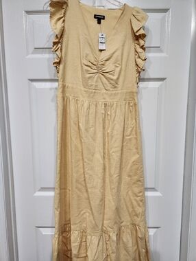 Express Women's Cream Ruffle Maxi Dress with Flutter Sleeves